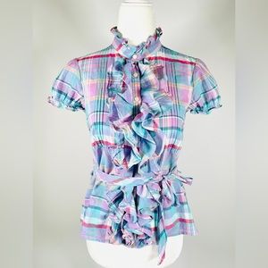 RALPH LAUREN girls plaid ruffle button front shirt top blouse